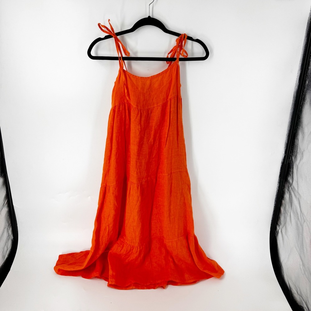 Suzy D London Orange Linen Tiered Midi Dress Womens Medium Tie Strap Sun Dress